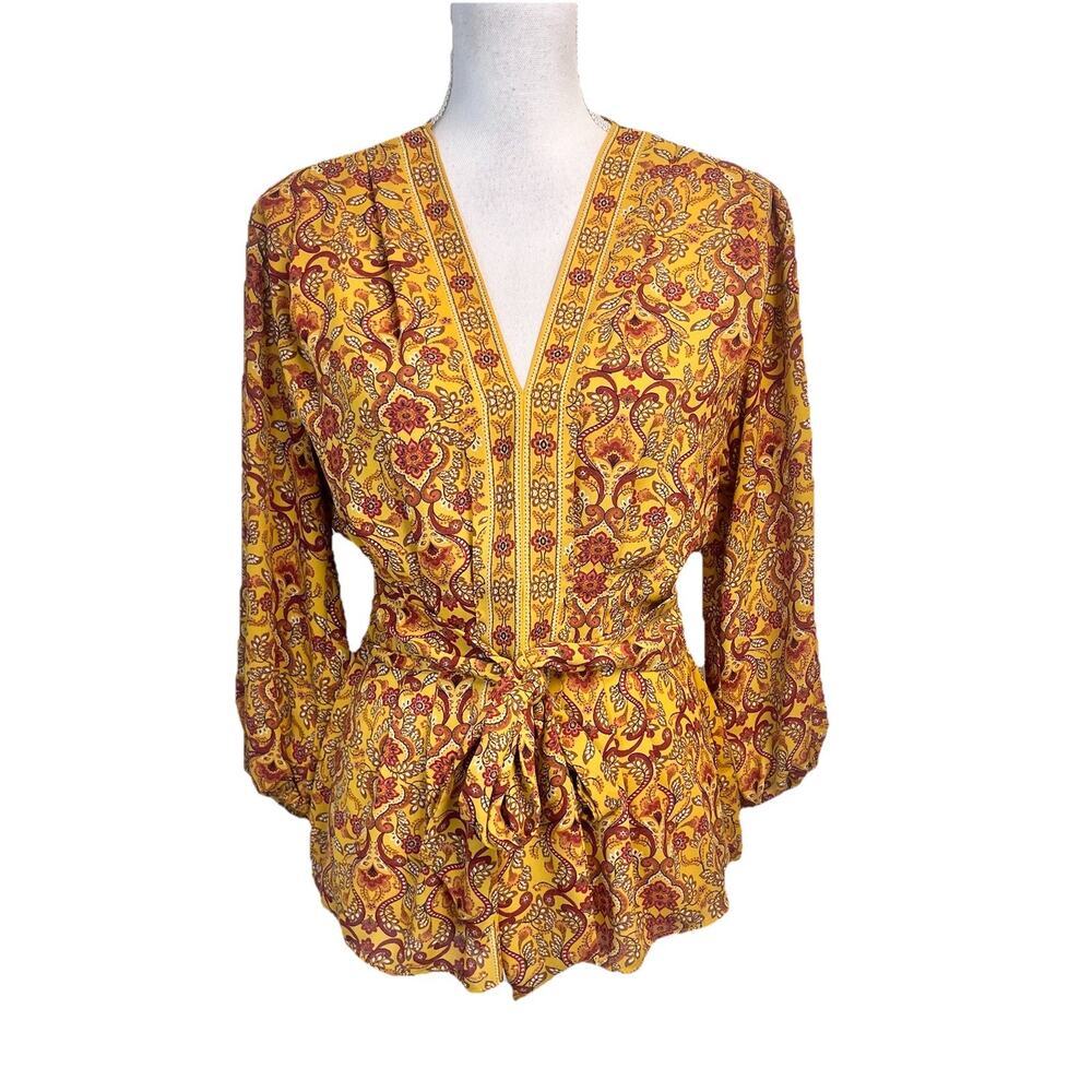 Max Studio Blouse Top size Small Gold Burgundy Floral Paisley Peasant Boho